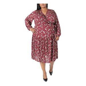 ROBBIE BEE Womens Burgundy Tie Crinkle Balloon Sleeve Midi Dress Plus 1X